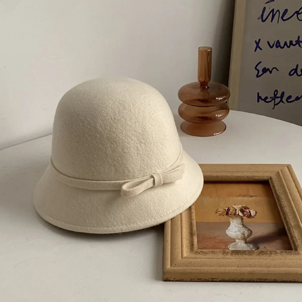 Retro Hepburnesque Felt Formal Hat Wealthy Heiress Style British Style Bowknot Bucket Hat Panama Cap Autumn