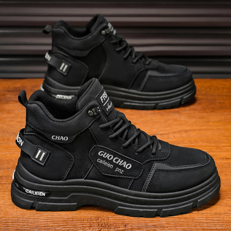 High Top Boots Four Season Outdoor Work Shoes Men's Anti Slip and Comfortable Black Boots Fashion British Casual Leather Boots