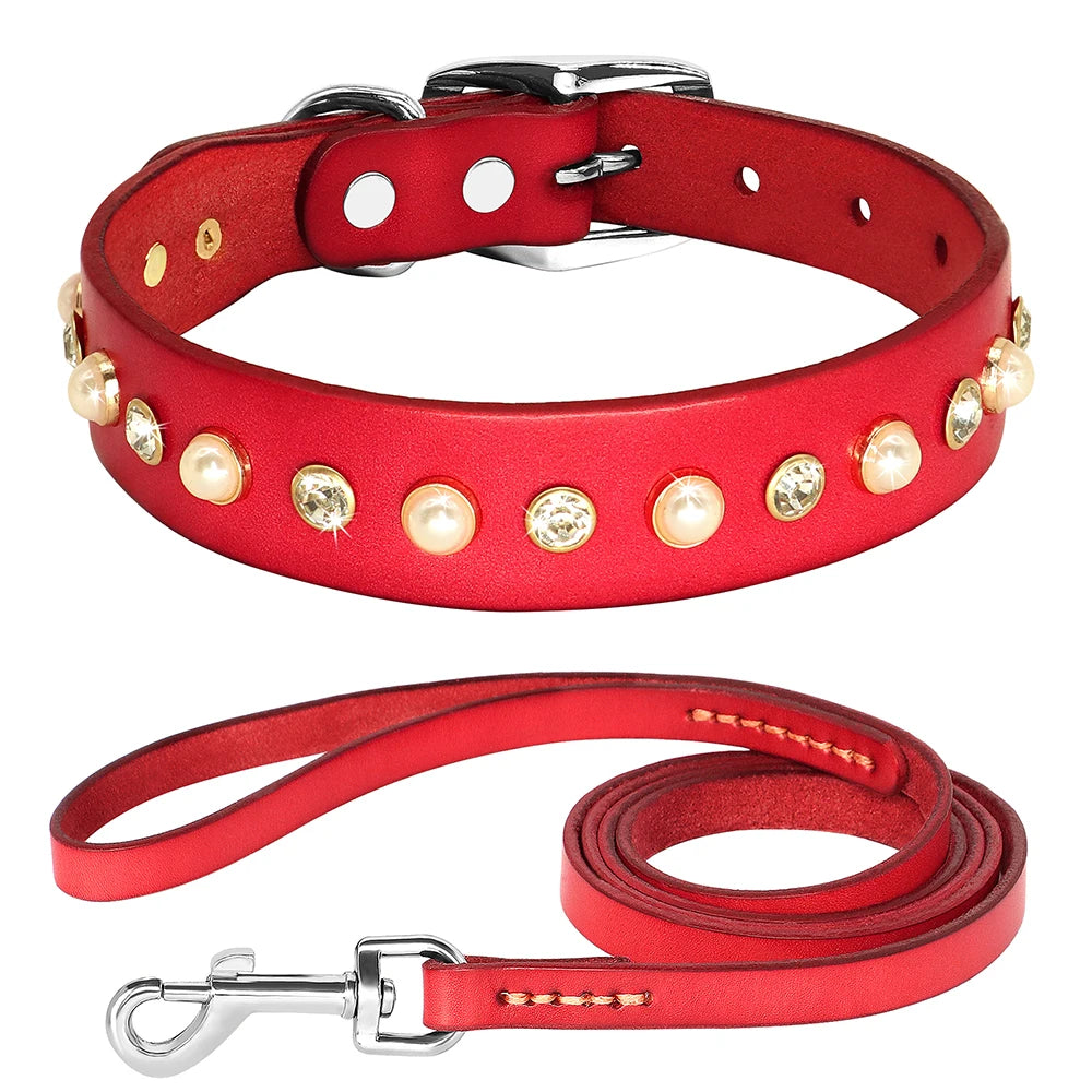 Genuine Leather Small Medium Dog Cat Collar Adjustable Rhinestone Diamond Accessories Pet Puppy Collars Leash Set For Chihuahua