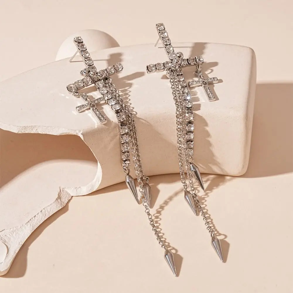 Inlaid Rhinestones Cross Earrings Exquisite Fashion Long Tassels Dangle Earrings Exaggerate Temperament Ear Stud Bridal