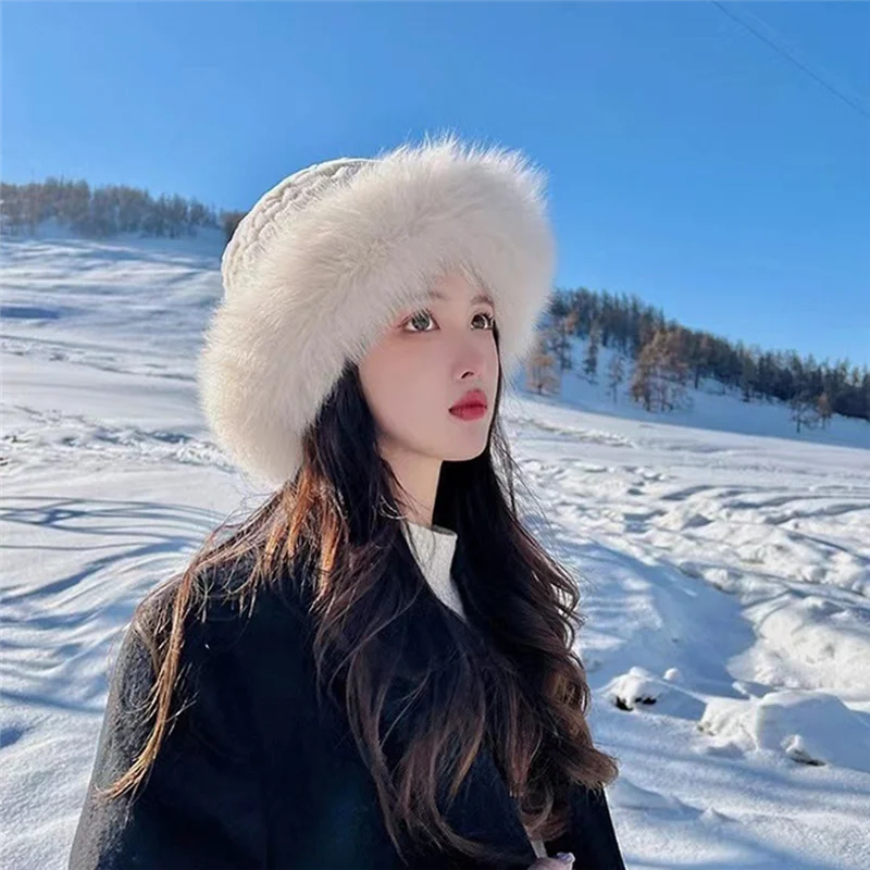 HOES-Women's Bucket Hat Plush Protection From Cold Fashionable Winter Hat For Women Winter Cap -Black