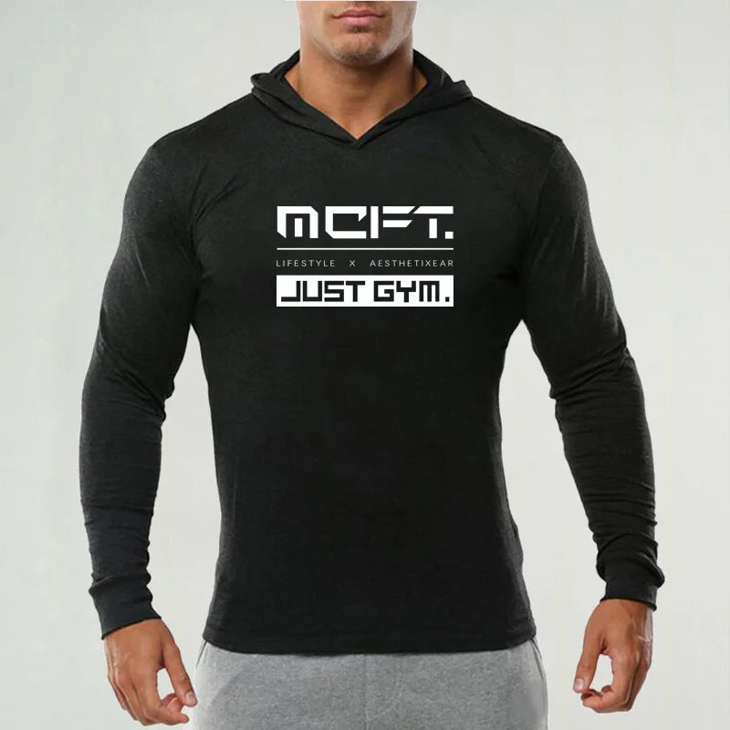Mens Long Sleeves Elasticity Cotton Hooded T Shirts Muscle Man Gym Fitness Bodybuilding Jogger Brand Clothing Tee Shirt Homme