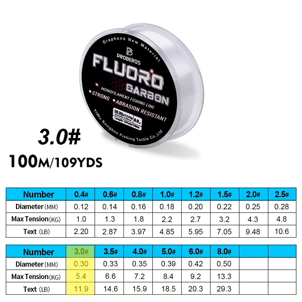 PROBEROS 100M Fluorocarbon Coating Fishing Line 2.2LB-29.3LB Carbon Fiber Monofilament Leader Line Carp Fishing Sinking Line