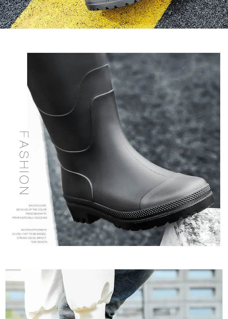 Men's High-Top Rain Boots, Black, Non-Slip, Waterproof, Wear-Resistant, Outdoor Boating, Fishing, Long-Tube Water Shoes, Farm Work Rain Boots