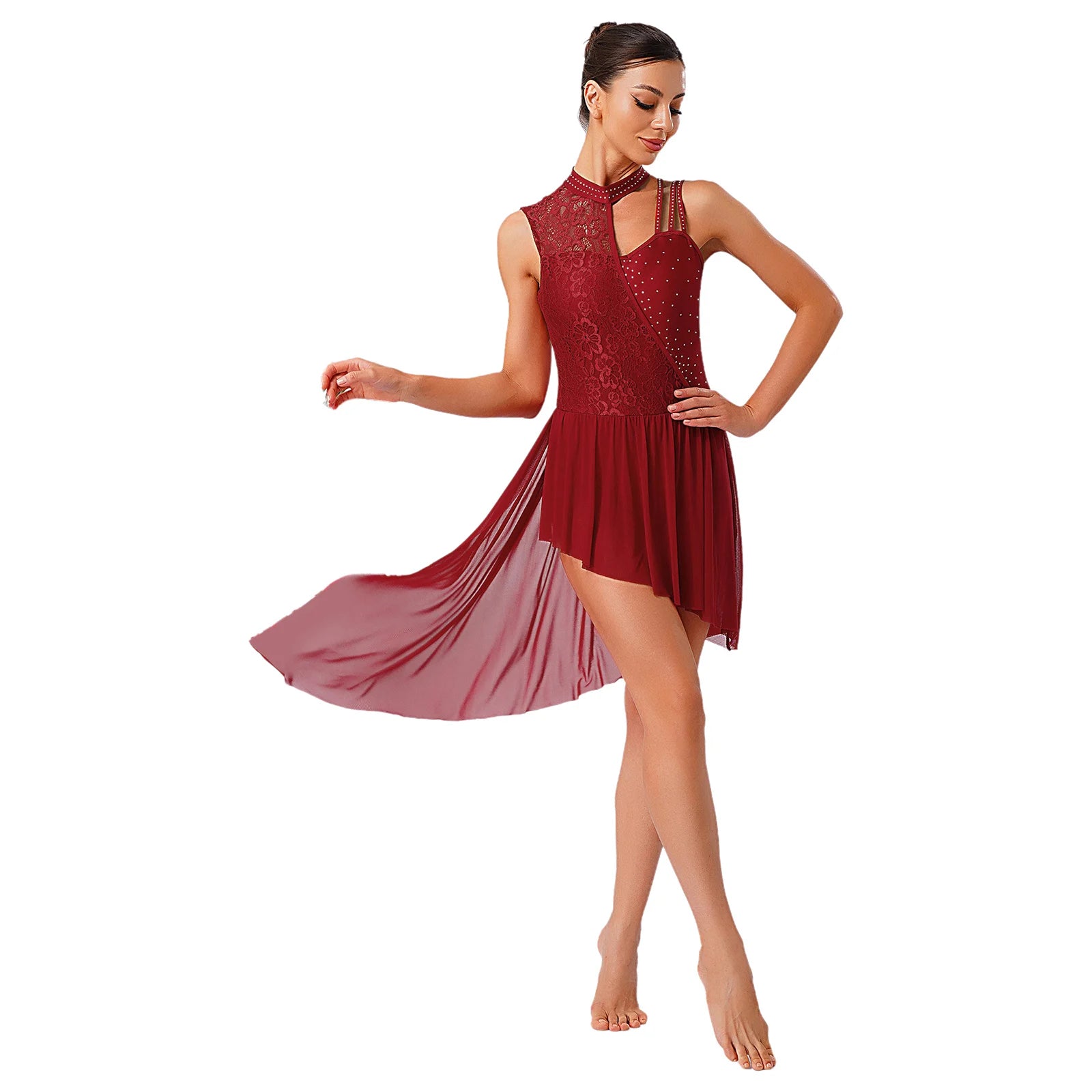 Women Modern Lyrical Dance Performance Costume Floral Lace Rhinestones Leotard Dress for Waltz Latin Cha-cha Ballet Skating