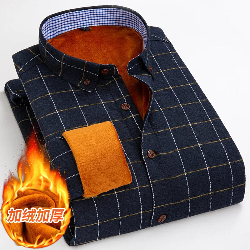 Longsleeve Shirts for Men 2025 Autumn Winter New Warm Plus Velvet Thick Cotton Lapel Casual Plaid Shirts Brand Mens Clothing