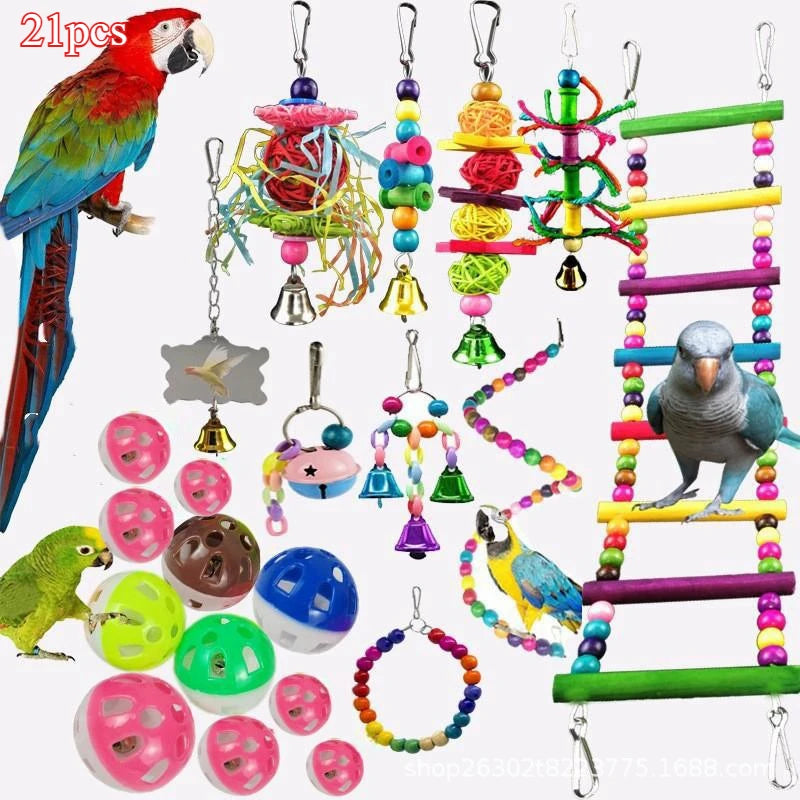 Bird Toy Wood Parrot Toys Set Cage Bird Accessories Swing Suspension Bridge Ball Cage Bells Pet Supplies juguetes para pájaros
