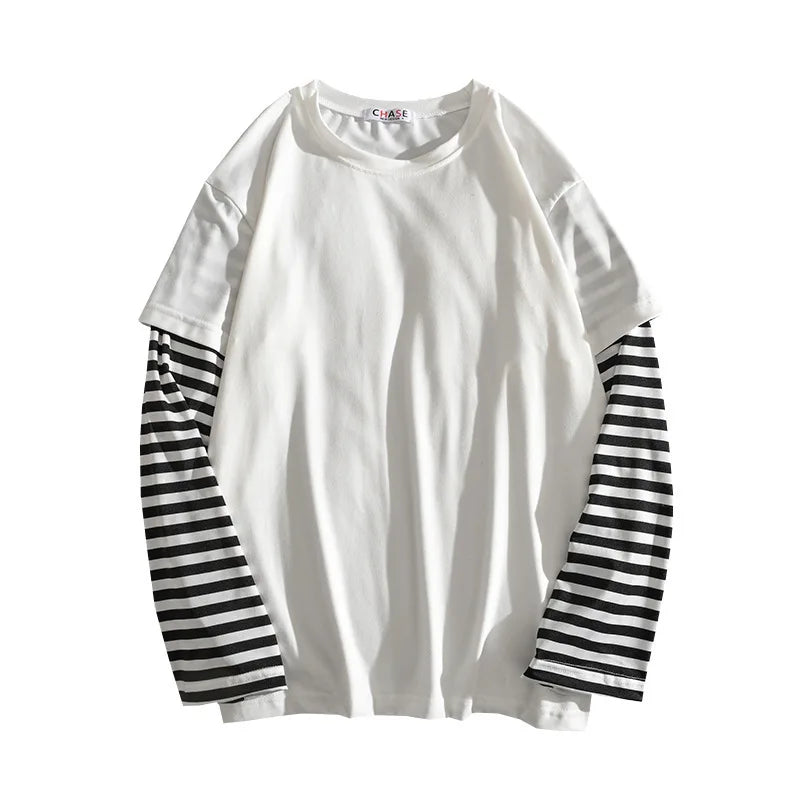 Long Sleeves Shirt Men's Loose Undershirts Striped Patchwork Sweatshirt O Neck Pullover Mens Casual Tops Harajuku Streetwear