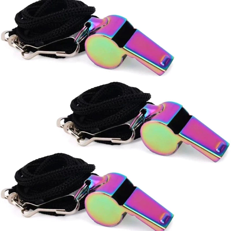 1Pcs Colorful Stainless Steel Sports Whistle with Lanyard Loud Crisp Sound Referee Official Loudspeaker for Sports Events