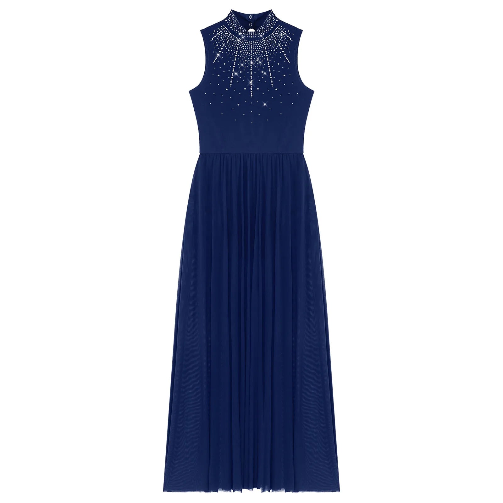 Womens Lyrical Dance Dresses Mock Neck Wide Hemline Shiny Rhinestones Maxi Dress Sleeveless Modern Contemporary Leotard Dresses