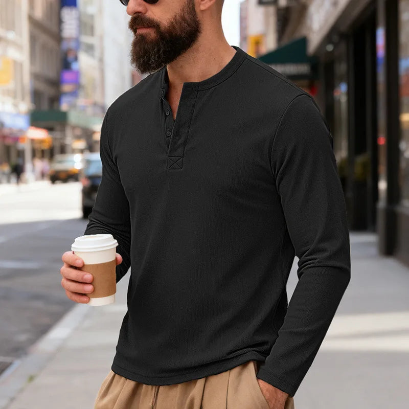2025 NEW Men's Long Sleeve Henley Shirts Spring Autumn Daily Casual Solid Color Pullover Tops Mens Fashion T Shirt