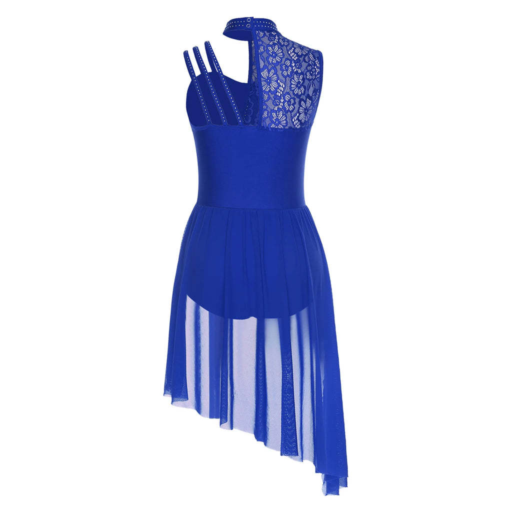 Women Modern Lyrical Dance Performance Costume Floral Lace Rhinestones Leotard Dress for Waltz Latin Cha-cha Ballet Skating