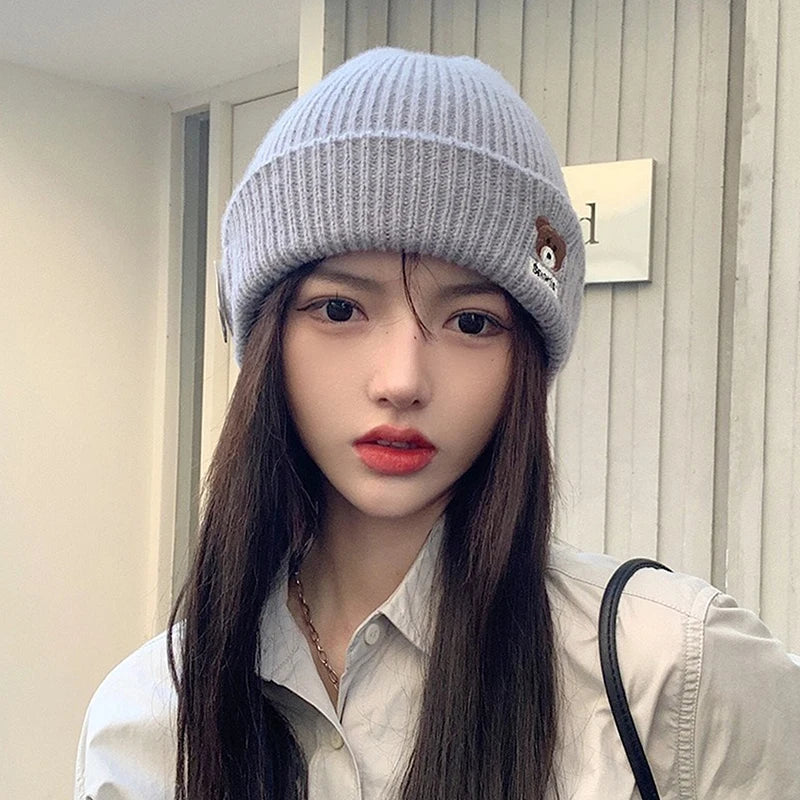 Bear Embroidery Knitted Beanies  Women Autumn Winter Warm Wool Hat Korean Girl Windproof Earmuffs Pullover Cap Bonnet〔CC55〕