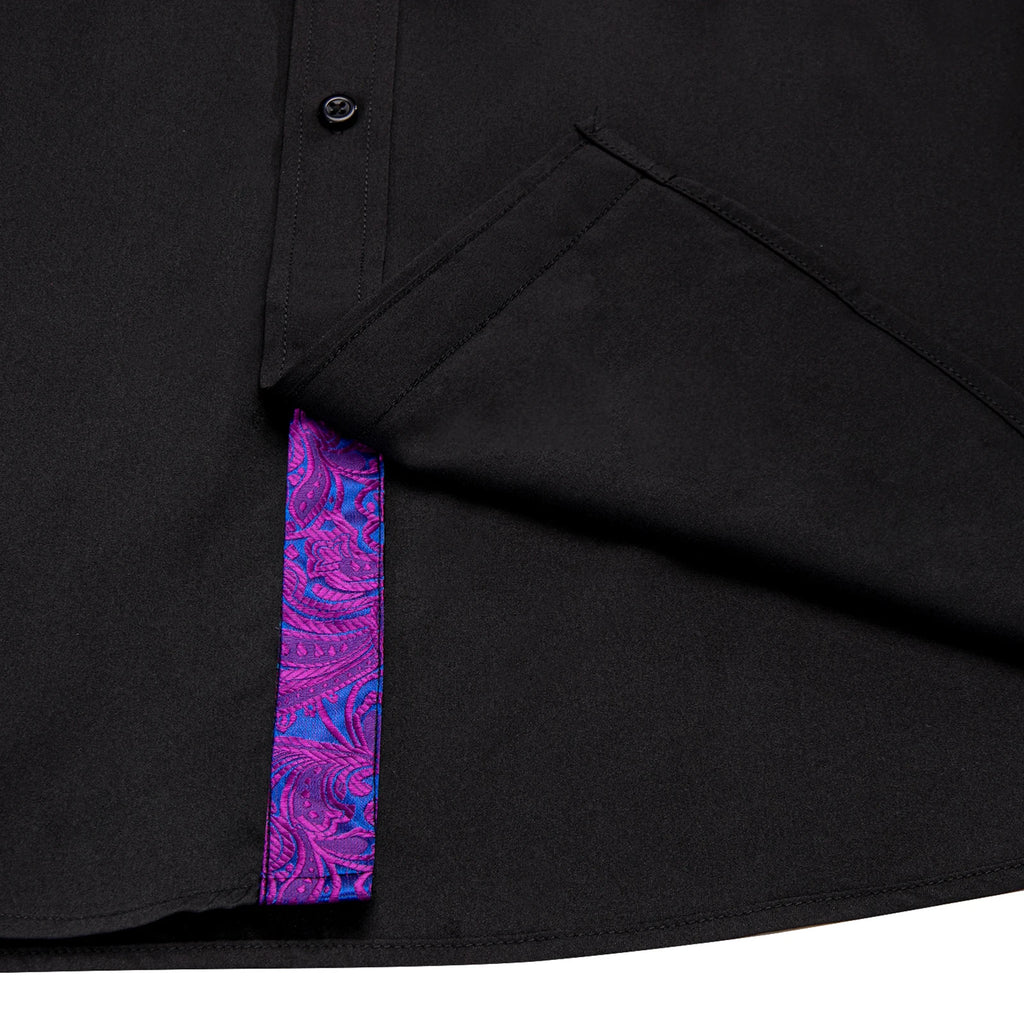 Men Shirts Long Sleeve Black Solid with Purple Contrast Color Collar and Cuff Fashion Casual Shirts Blouse for Wedding Praty