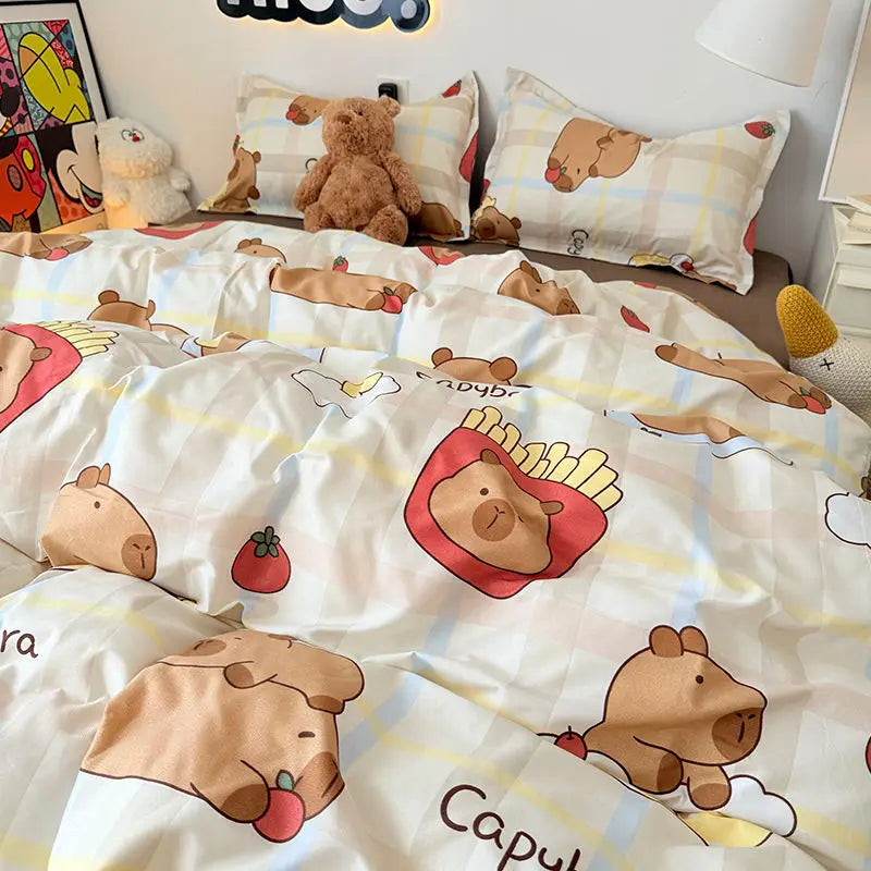 Floral Bedding Set Kawaii Rabbit Duvet Cover Flat Sheet Pillowcase Soft Bed Linens Single Full Dormitory Bedroom Home Textile