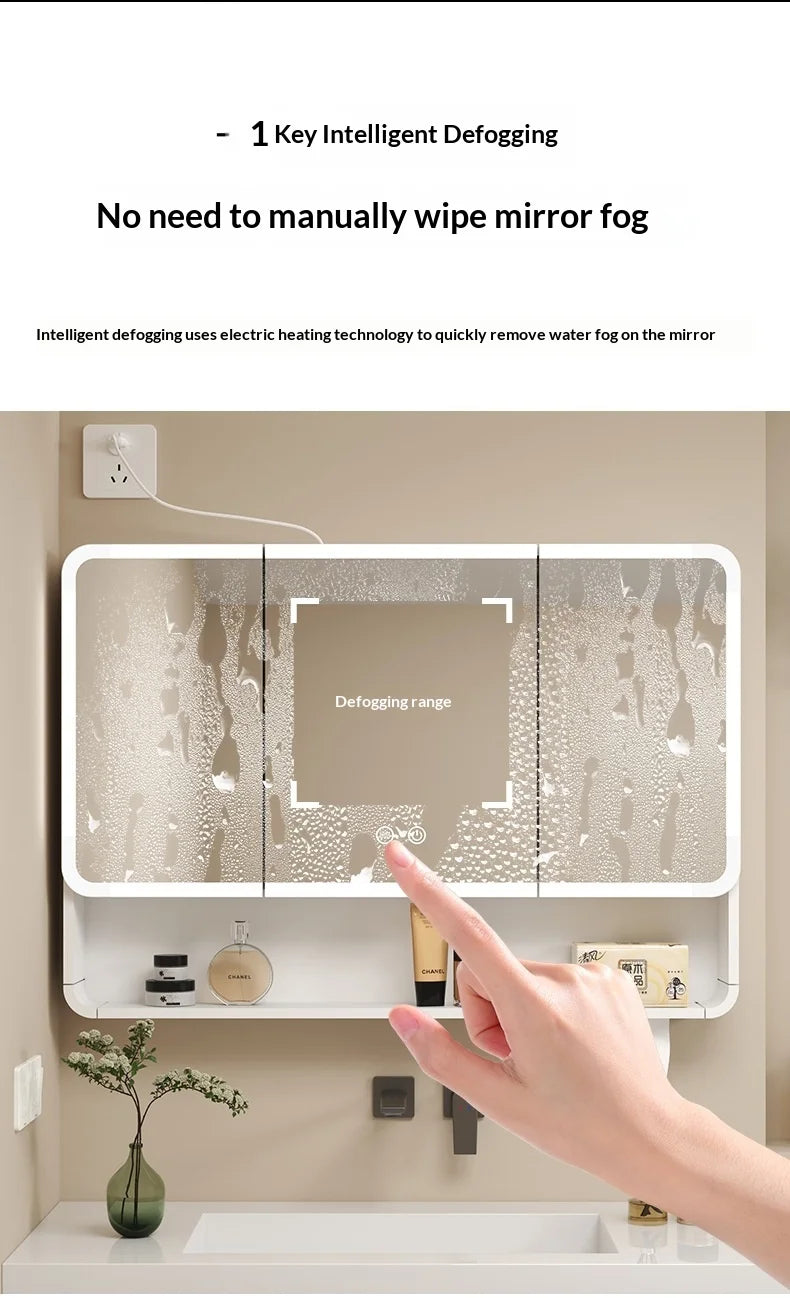 Bathroom Mirror Led Light Wall Mounted Carbon Fiber Curved Rounded Corner Smart Storage Mirror Cabinet Home Furniture Homehold