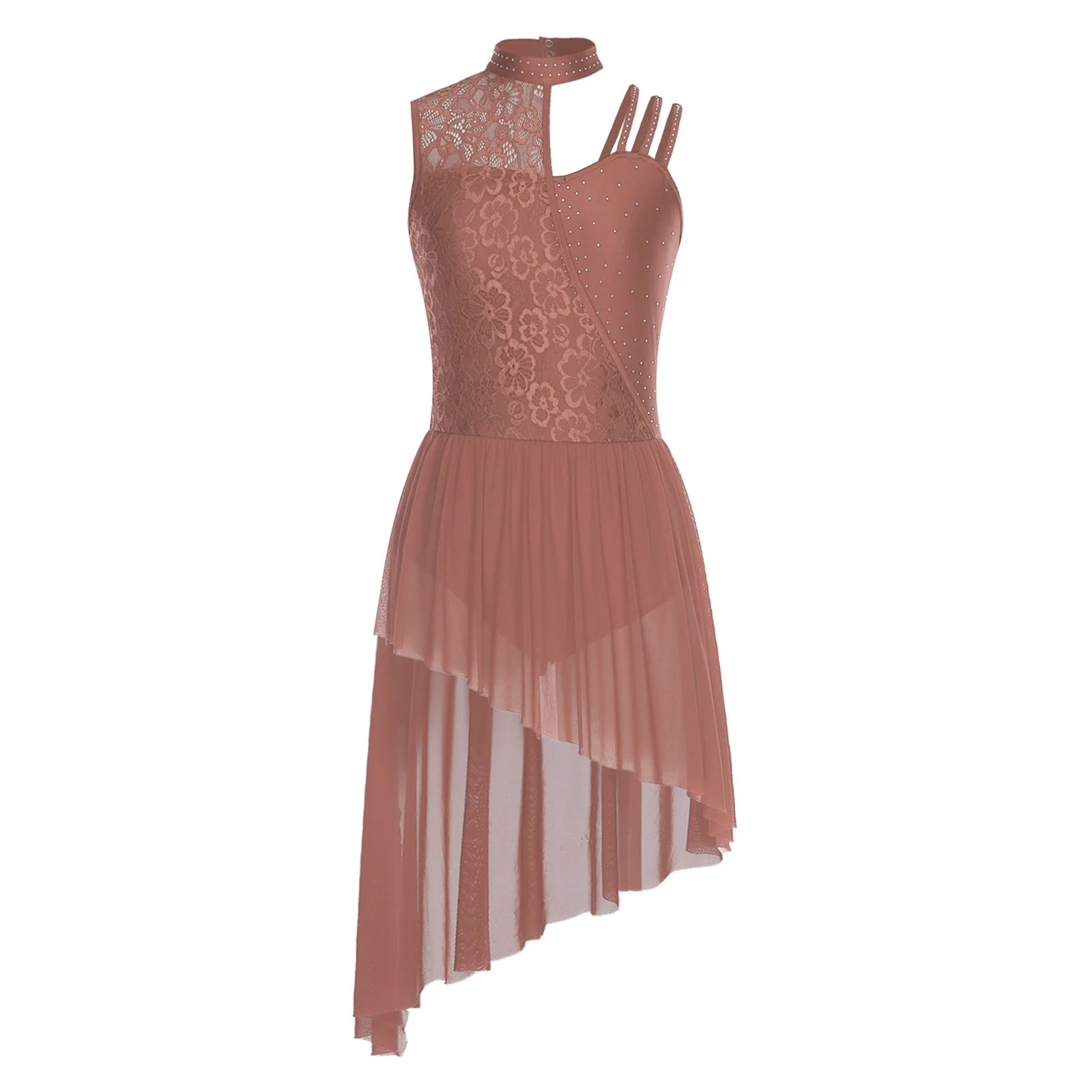 Women Modern Lyrical Dance Performance Costume Floral Lace Rhinestones Leotard Dress for Waltz Latin Cha-cha Ballet Skating
