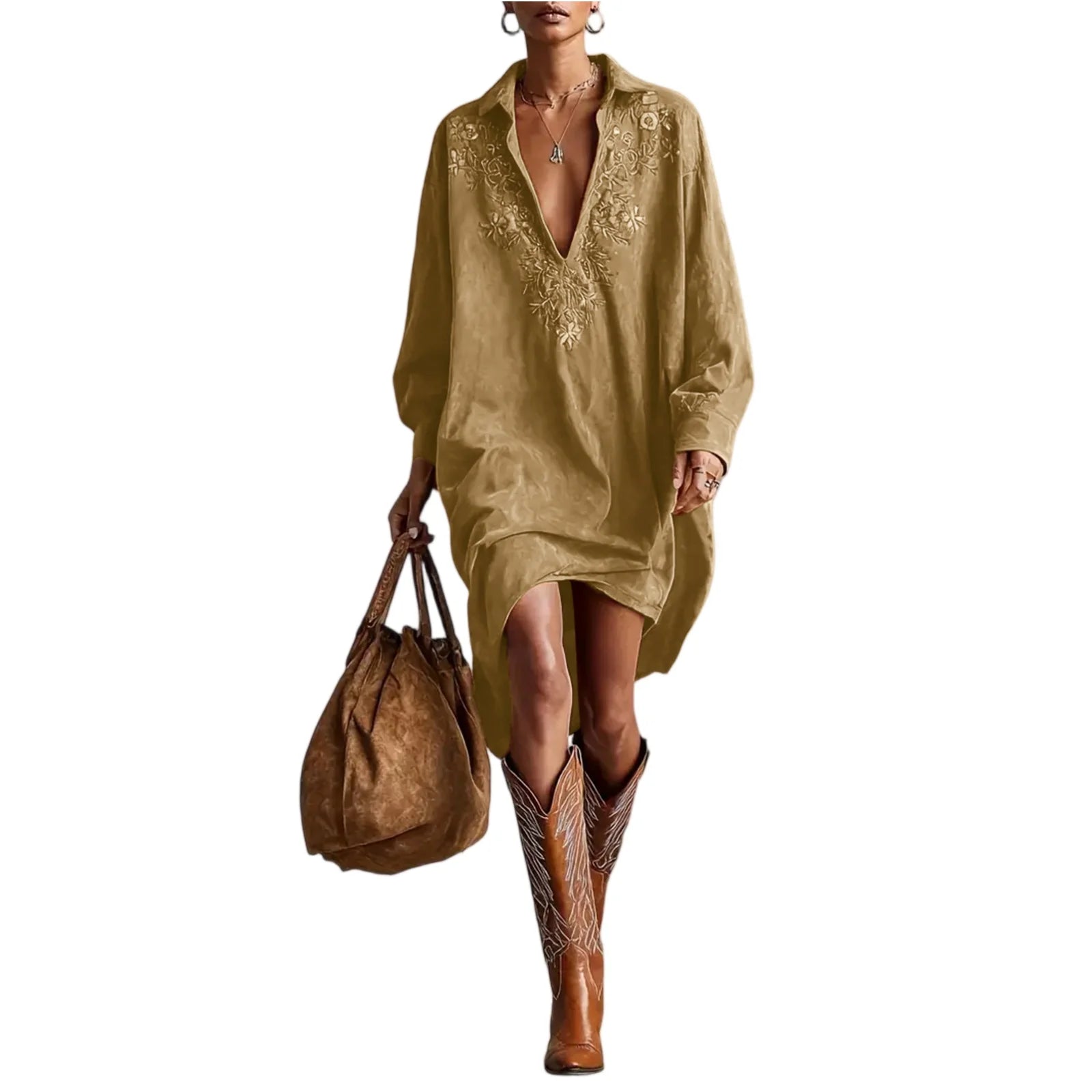 Dresses Womens Shirt Dress Terracotta Suede Embroidered High-Low Puff-Sleeve Bohemian Stylish Outfit Daily 2026 Trendy Vestido