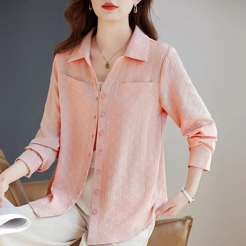 Long-sleeved Shirt for Women Autumn New Fashion Casual Versatile Jacket Fashionable Jacquard Lapel Belly-reducing Top Trendy