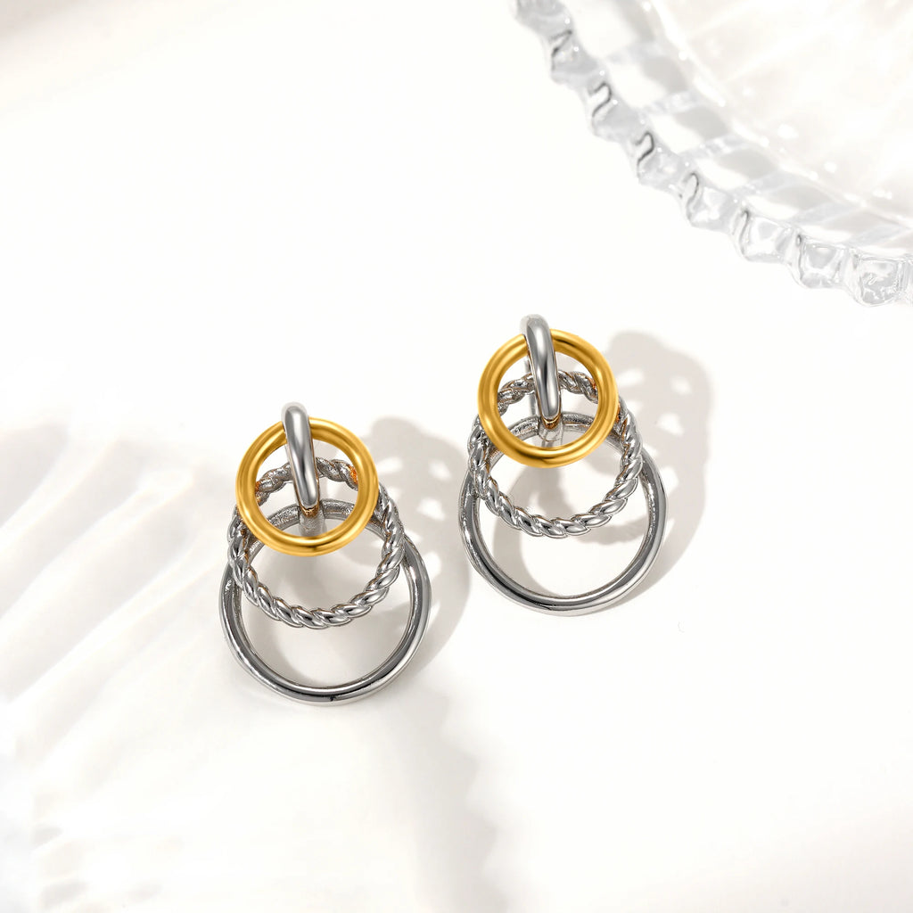 Fashionable Exaggerated Twisted Striped Earrings for Women 18K Metal Three Circular Stainless Steel Charming Jewelry Gift