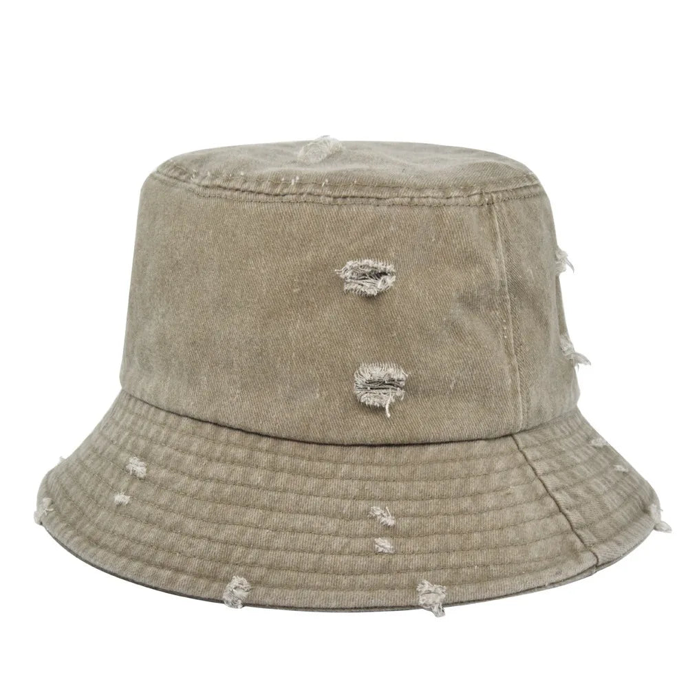 Vintage Distressed Multicolor Bucket Hats Streetwear Unisex Y2K Washed Cotton Fisherman Hat with Rip Holes Unisex Summer Sun Cap