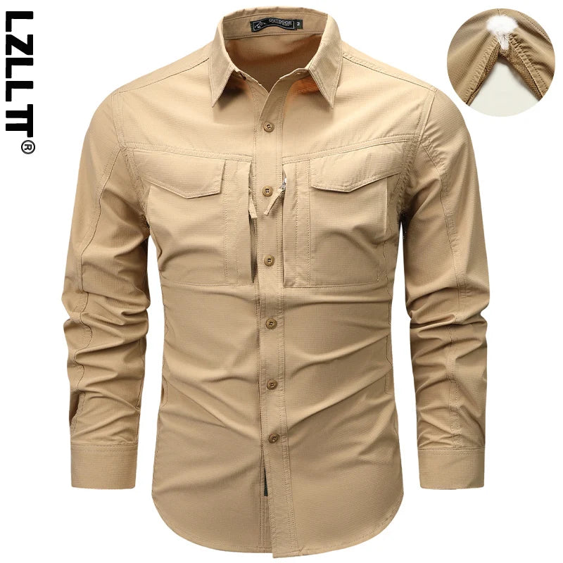 Summer Men Long Sleeve Cargo Breathable Shirt Mens Casual Tactic Military Shirts Men Multi Pocket Outdoor Hike Safari Work Shirt