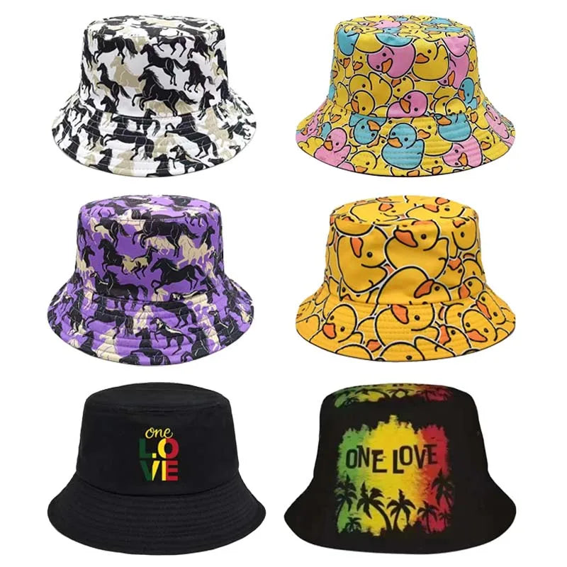 Double sided Outdoor Sun Hat Hip-Hop Cap Fishing Fisherman Graffiti Hat Men Women Animal Letter Print Panama Bucket Hats