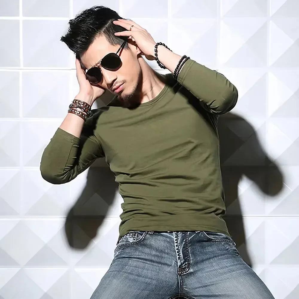 Men's T-Shirts Long Sleeve V Neck T Shirt 2025 MRMT Men Polyester T-Shirt Solid Color Slim Tight Man T Shirt For Male