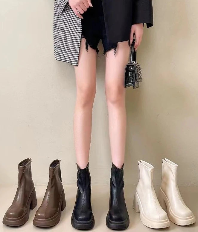 Booties Work Very High Heels Leather Female Short Shoes Combat Heeled Women's Ankle Boots Punk Style Boot Y2k Spring 2025 Autumn