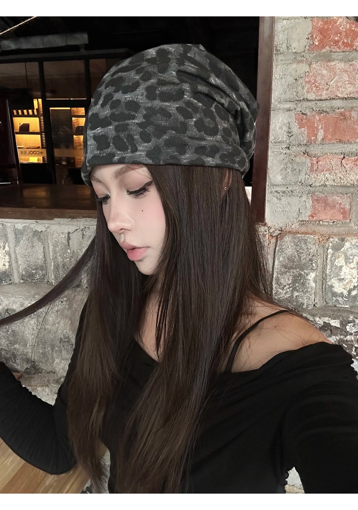 Y2K Retro Leopard Print Patch Beanies for Women Spring and Autumn Travel Casual Versatile Show Face Small Elegant Pullover Hat