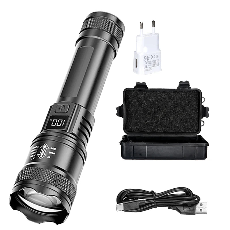 Rechargeable LED Flashlight Zoomable Torch with LCD Display 3 Modes Waterproof High Power Hand Light Outdoor Wilderness Camping