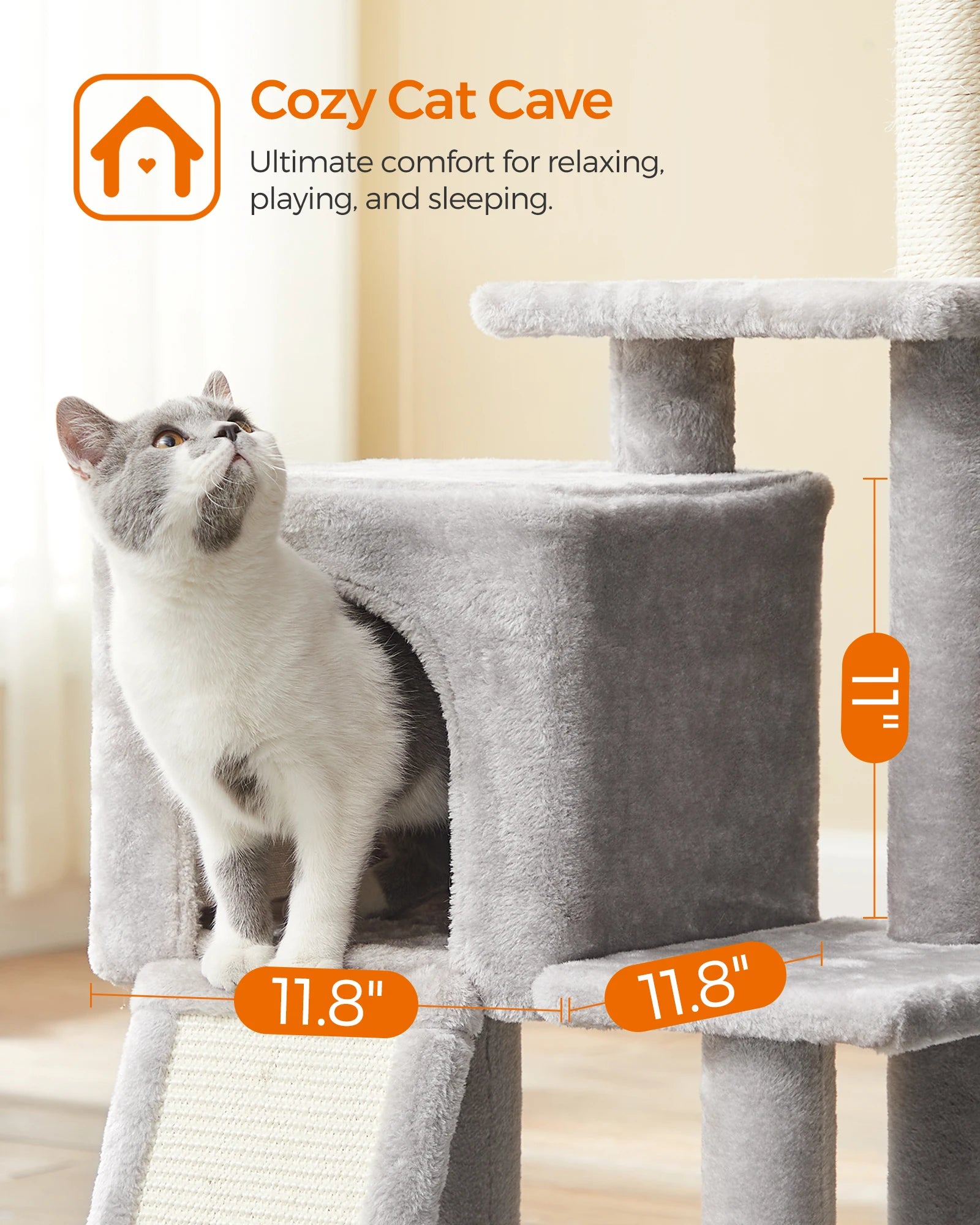 Feandrea Cat Tree, 46.5-Inch Cat Tower for Indoor Cats, Multi-Level Plush Cat Condo, Scratching Post, Ramp