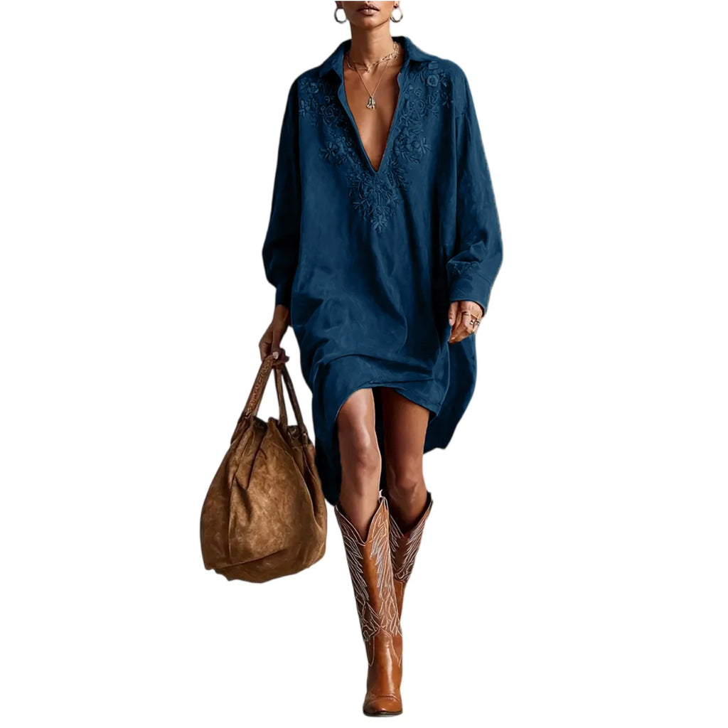 Dresses Womens Shirt Dress Terracotta Suede Embroidered High-Low Puff-Sleeve Bohemian Stylish Outfit Daily 2026 Trendy Vestido