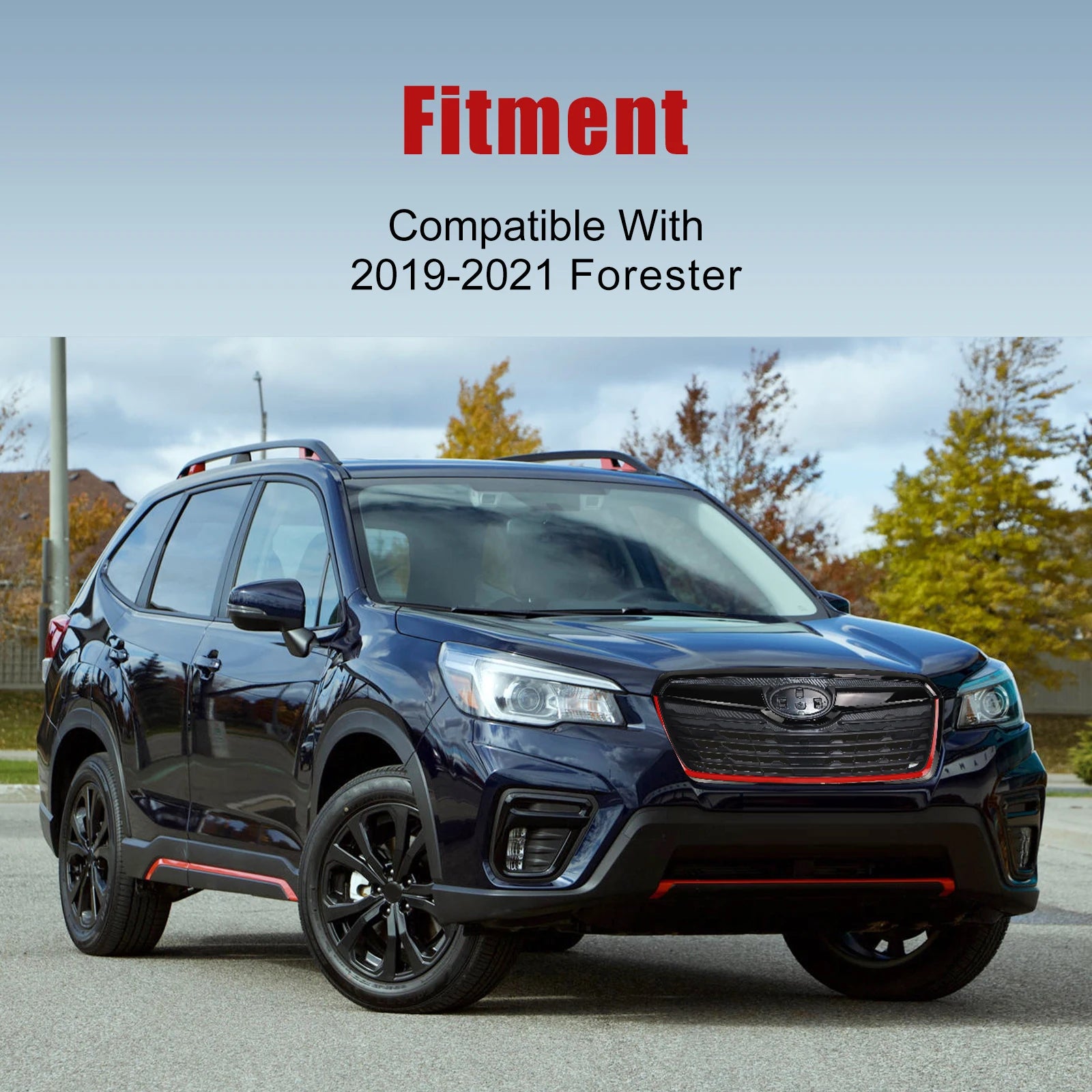 Front Grill for 2019-2021 Subaru Forester w/Camera Hole Gloss Black w/ Red Line