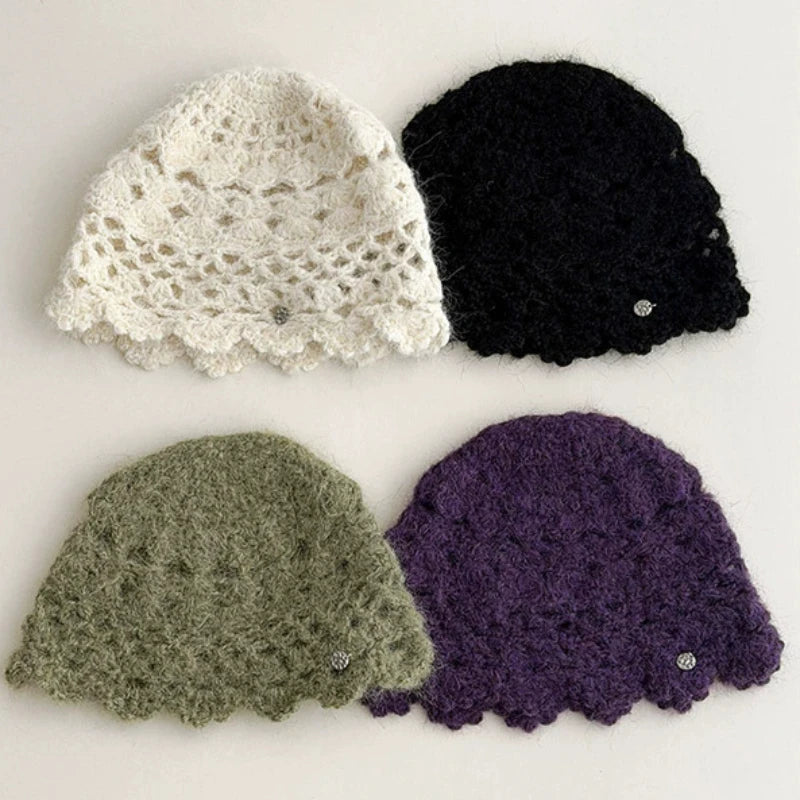 New Simple Solid Color Crocheted Beanies for Women Spring and Autumn Travel Versatile Atmosphere Retro Elegant Pullover Hats