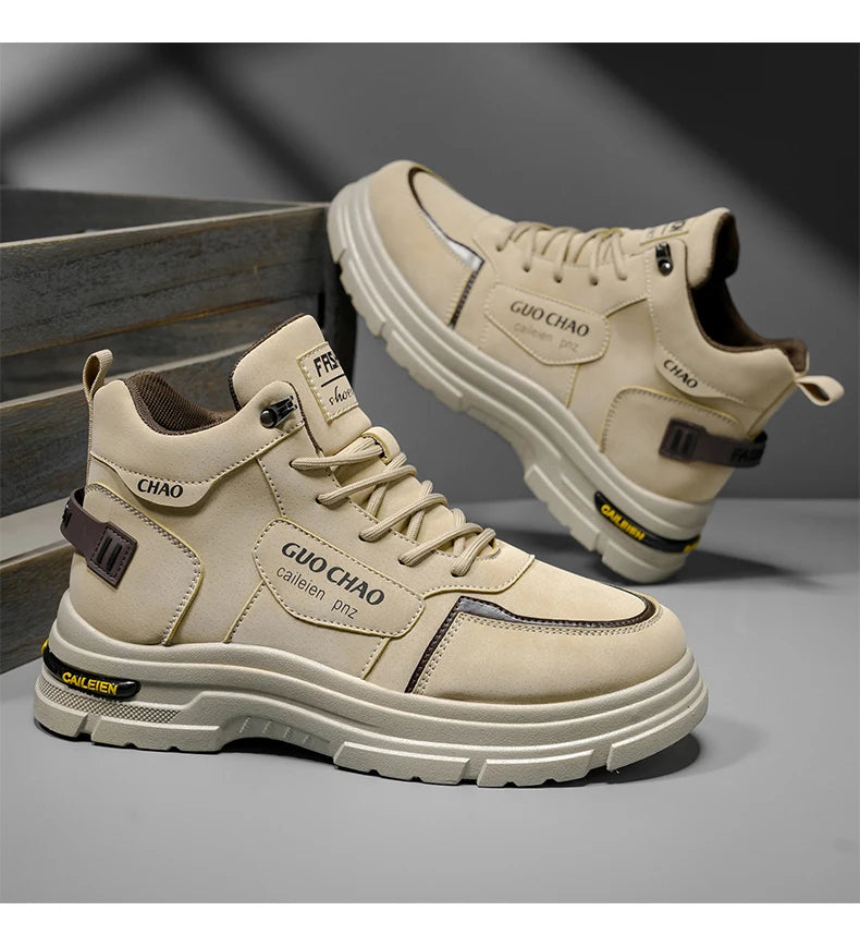 High Top Boots Four Season Outdoor Work Shoes Men's Anti Slip and Comfortable Black Boots Fashion British Casual Leather Boots