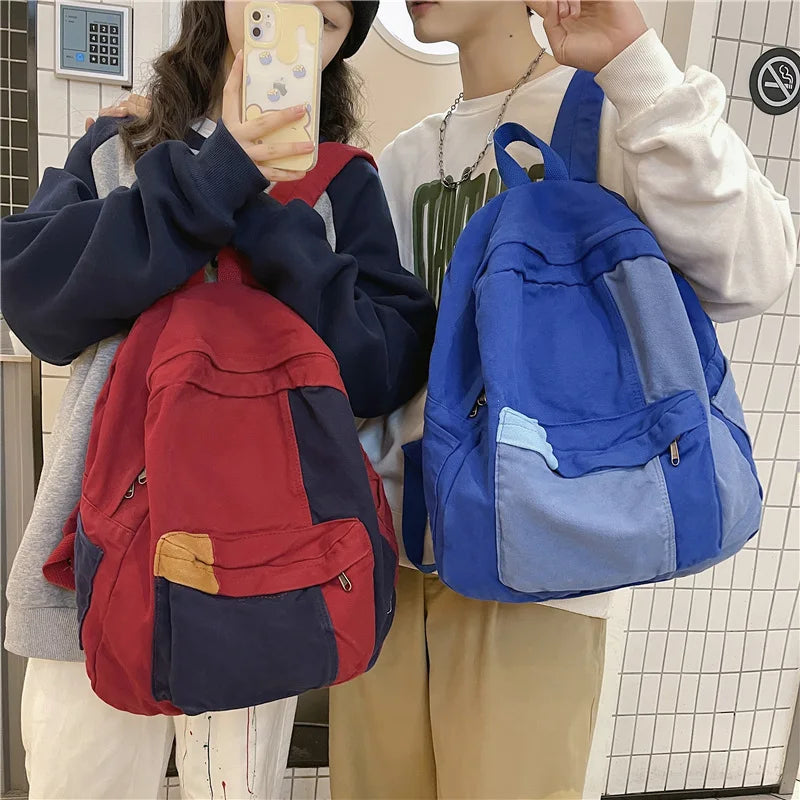 Fashion Panelled Women Backpack Canvas Kawaii Girl Travel Book Bags College Lady Laptop Backpacks Cute Travel Rucksack Schoolbag