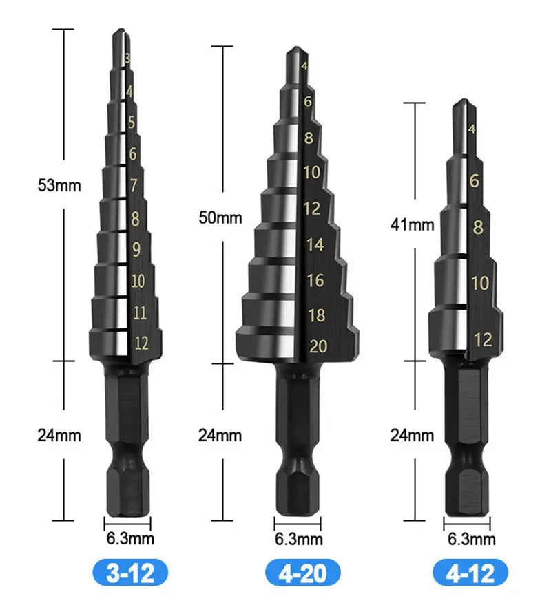3Pcs HSS Straight Groove Step Drill Bit 3-12mm 4-12mm 4-20mm Nitride Black Hex Wood Metal Hole Cutter Core Drilling Tools Set