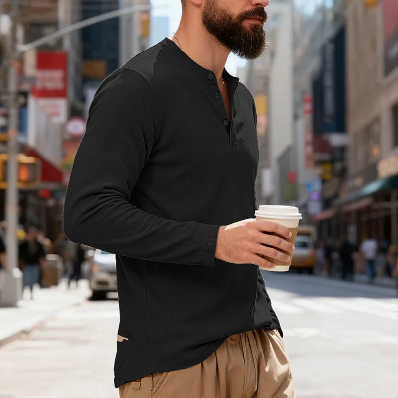 2025 NEW Men's Long Sleeve Henley Shirts Spring Autumn Daily Casual Solid Color Pullover Tops Mens Fashion T Shirt