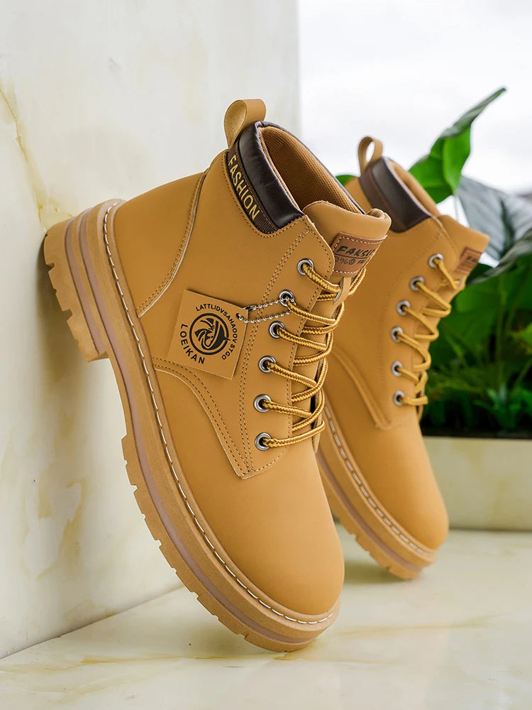 Men's Fashionable High-Top Yellow Boots Casual Shoes Outdoor Off-Road Hiking Boots Trendy Comfortable Footwear