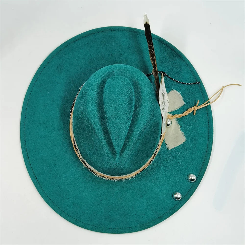 Retro Men's Suede Hats Wide Brim Feather Felt Fedoras Women's Hats Church Jazz Hats Panama Cowboy Hats Wholesale sombrero hombre