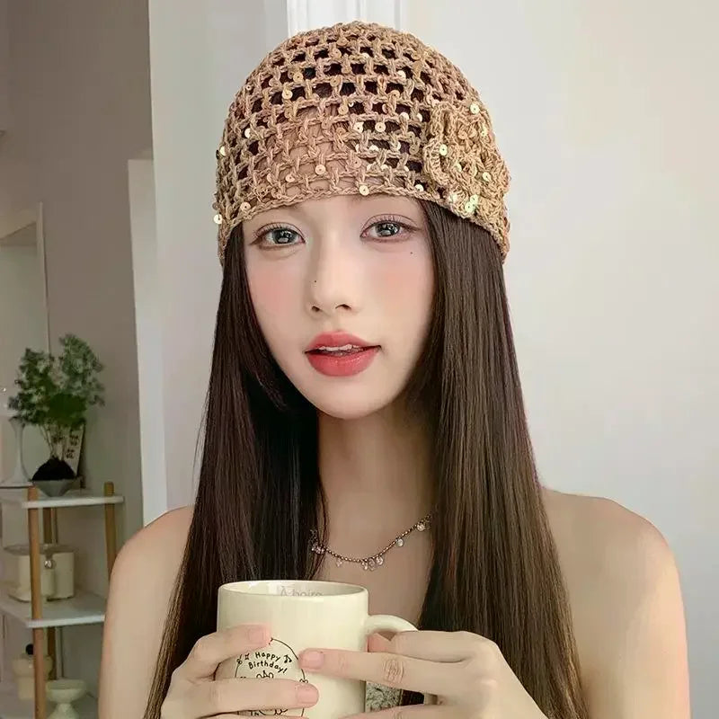 Vintage Chic Sequined Floral Cutout Beanie Ladies Spring Fall Leisure Travel Picturesque All-Around Casual Y2K Knit Beanies