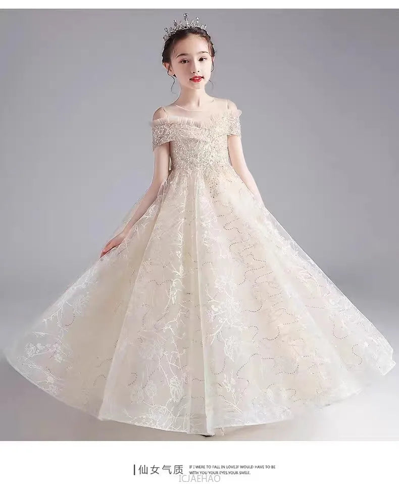 Long Dress 2025 Flower Girl Wedding Dresses Vestido Princess Gown Costume Kids Host Piano Outfits Children Girls Birthday Party