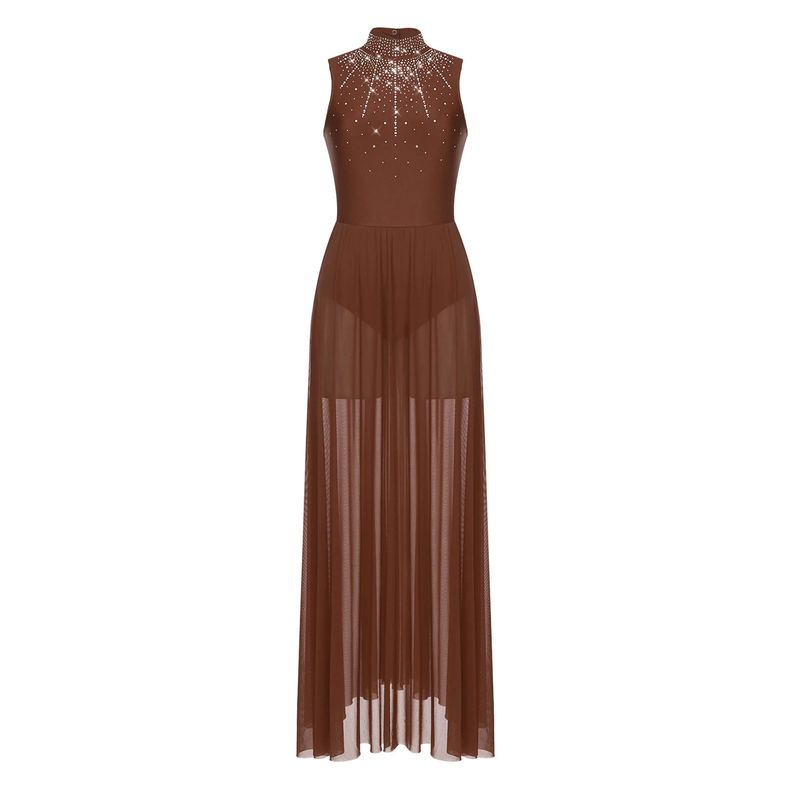 Womens Lyrical Dance Dresses Mock Neck Wide Hemline Shiny Rhinestones Maxi Dress Sleeveless Modern Contemporary Leotard Dresses