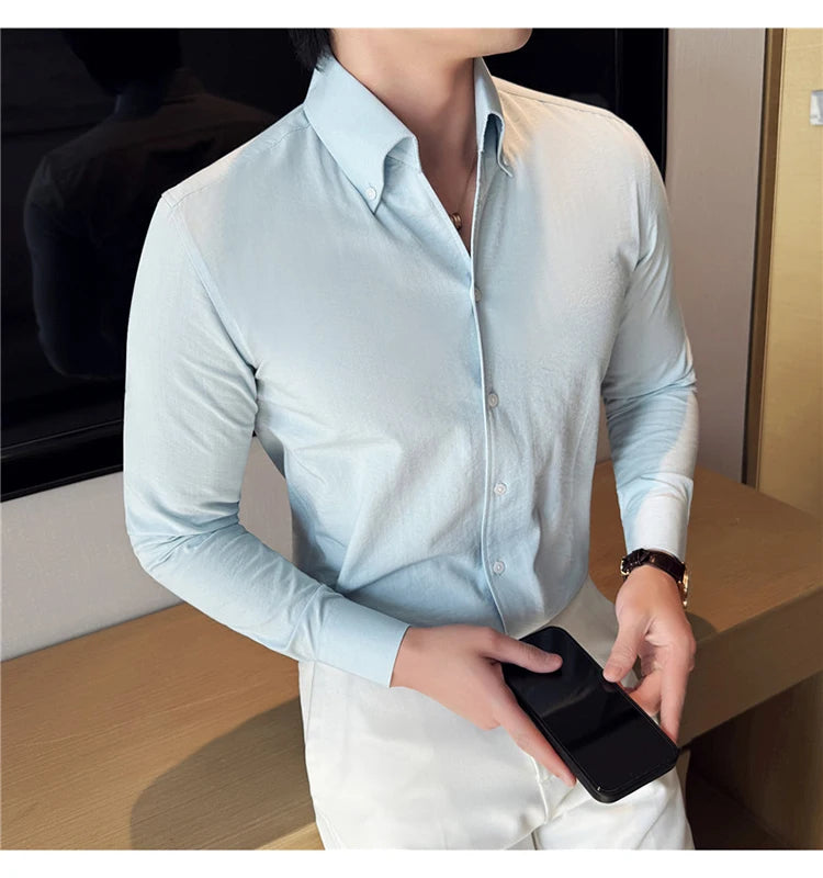 Long Sleeves Shirts for Men Light Thin Fashion Fold Process Wine Red Solid Casual Shirt Men Social Dress Shirt Slim Fit Tuxedo