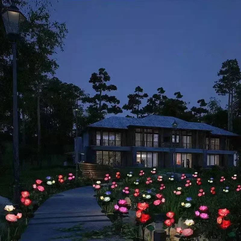 Garden Ground Light Solar Lawn Lamp LED Artificial 5 Head Rose Flower Holiday Summer Wedding Party Outdoor Yard Patio Decoration