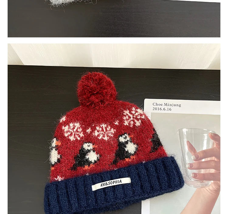 Cute Cartoon Jacquard Knitted Beanies for Women Winter Warm Ear Protection Versatile Show Face Small Retro Pom-pom Pullover Hat