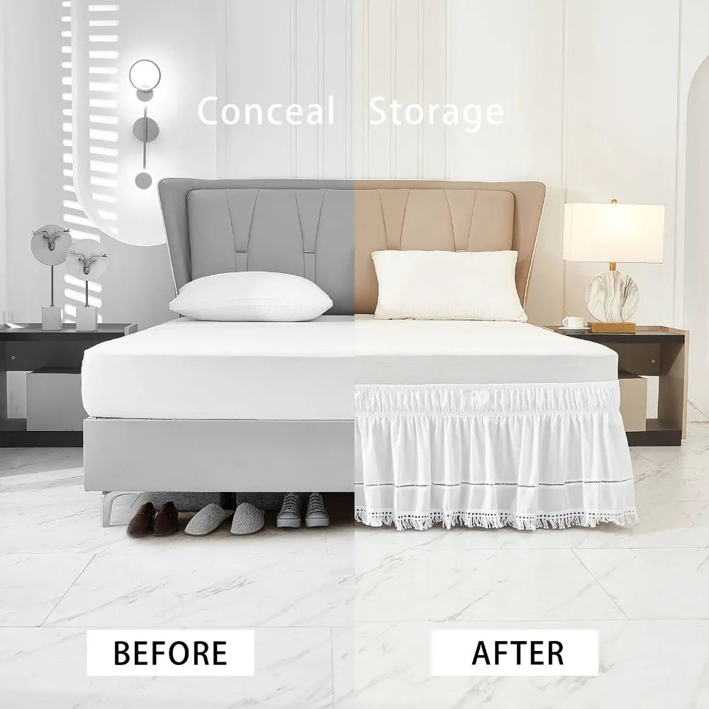 Bed Decoration Elastic White Fringed Bed Skirt Stretchable Dust-proof Under-bed Covering Skirt Ruffled Romantic Bedspread Inn