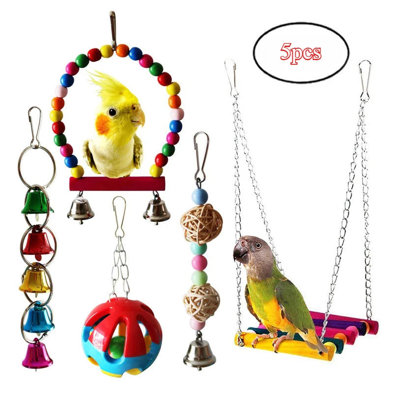 Bird Toy Wood Parrot Toys Set Cage Bird Accessories Swing Suspension Bridge Ball Cage Bells Pet Supplies juguetes para pájaros