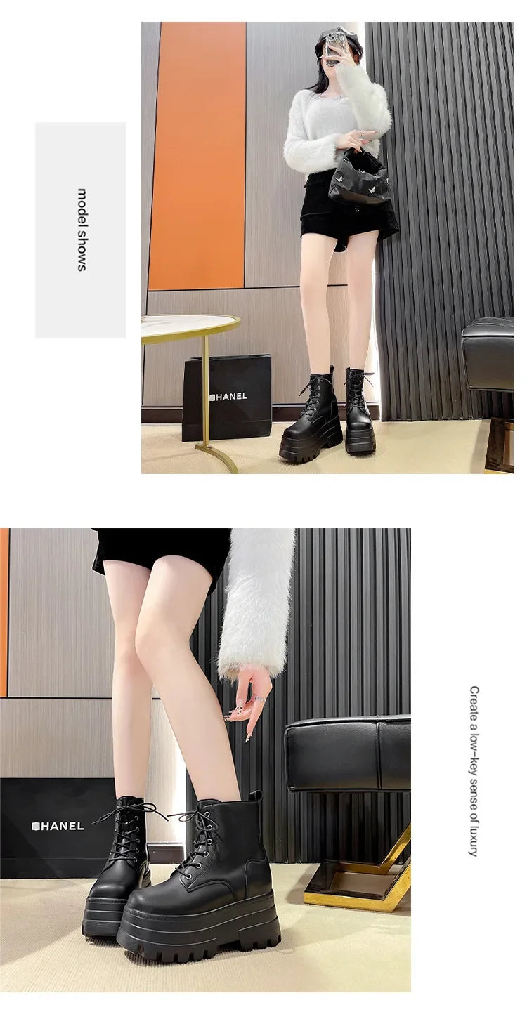 2025 Short Boots for Women Thick Bottom Casual Black White Ankle Boots Spring Autumn Platform Women Shoe 12cm High Heels Botines